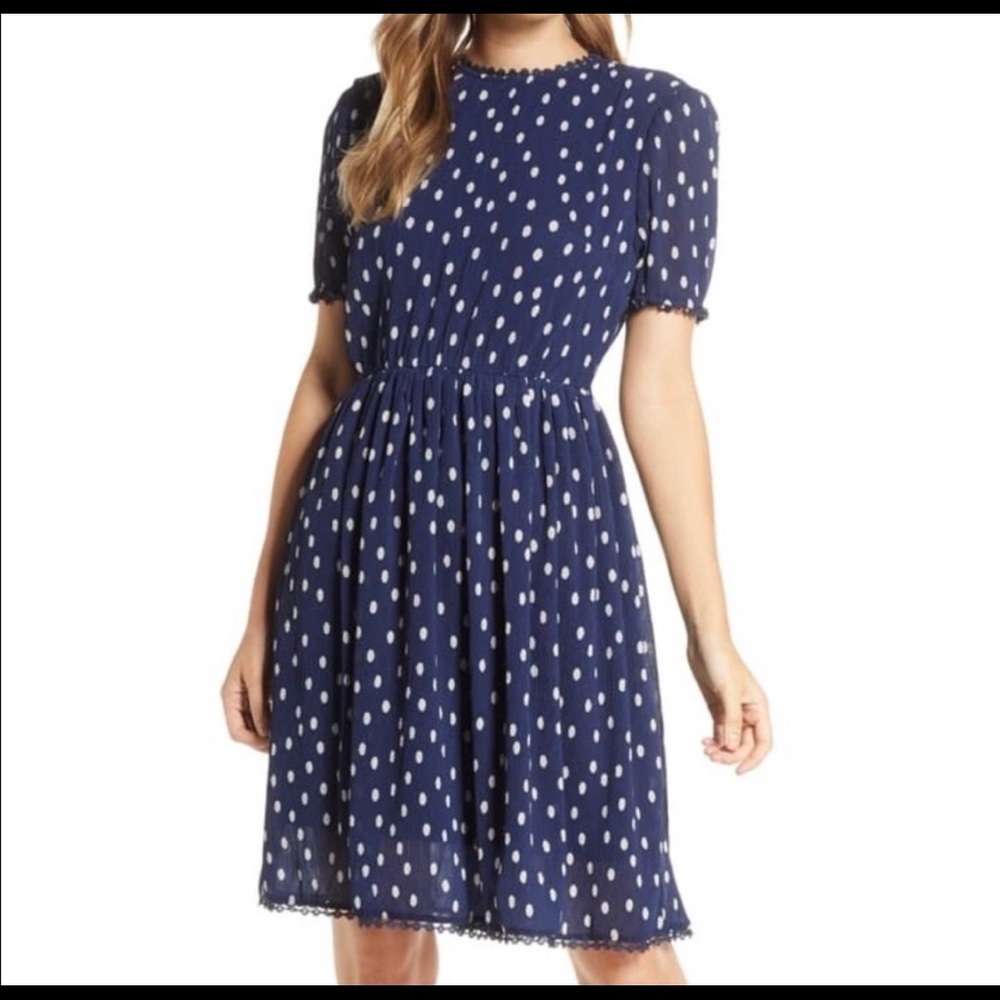 1901 Fit & Flare Blue Polka Dot Chiffon Dress (NWOT)